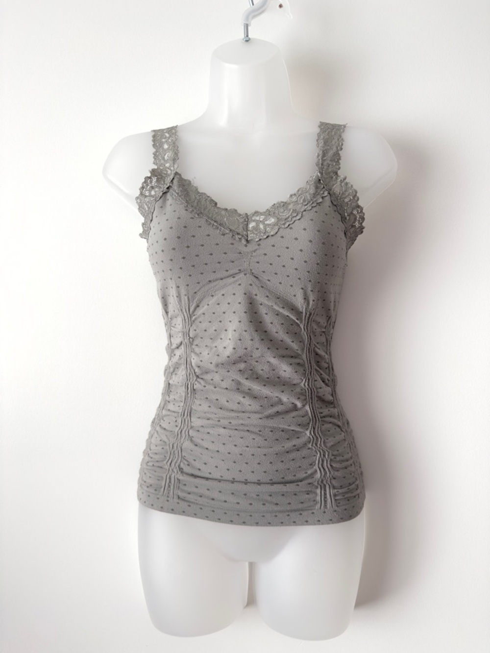 y2k lace trim grey polka dot ruched cami